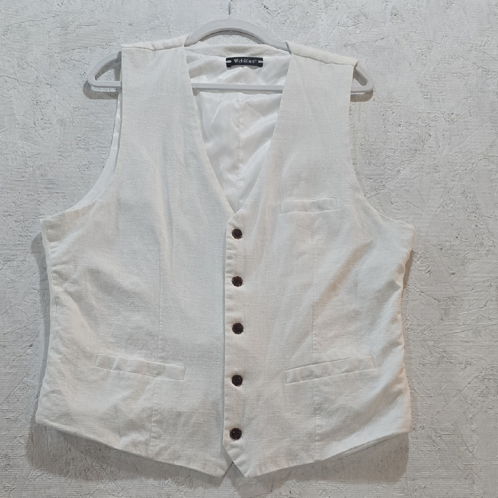 Womens White Linen Button-Up Vest Soft Lined Classic Minimalist Neutral Sz.2XL